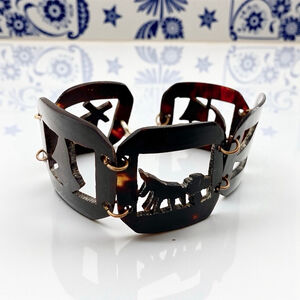 Vintage Dutch Arts & Crafts Brown Tortoiseshell Carved Wide Link Bracelet